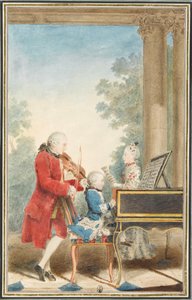 Portræt af Wolfgang Amadeus Mozart (Salzburg, 1756-Wien, 1791), der spiller i Paris med sin far Jean-Georg-Léopold og sin søster Maria-Anna.