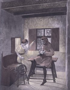 Simona spinning, illustration fra Decameron af Boccaccio udgivet af Navarre Society 1930