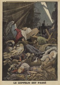 Familie dræbt i et bombeangreb af en tysk Zeppelin, Første Verdenskrig, 1916 (farve litho) af Louis Charles (after) Bombled