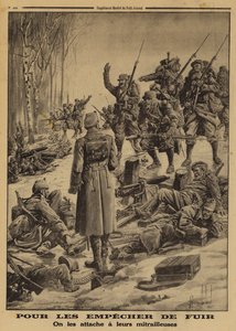 Franske soldater, der erobrede en tysk stilling bemandet af fjendtlige soldater sikret til deres maskingeværer af deres officerer for at forhindre dem i at trække sig tilbage, Første Verdenskrig af Louis Charles (after) Bombled