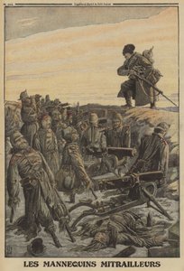 Russisk soldat opdager en tysk skyttegrav med maskingeværer bemandet af attrapsoldater; Første Verdenskrig af Louis Charles (after) Bombled