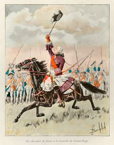 bombede Louis (1862 - 1927); Chevalier de Levis (Francois Gaston de Levis 1719 - 1787) ved slaget ved Sainte Foy i 1760 mod englænderne; Eugene Guenins historie om det nye Frankrig - 1900 - Coll, del. af Louis Charles Bombled