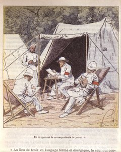 Franske krigskorrespondenter i Madagaskar på tidspunktet for dets annektering af Frankrig 1895-96 (farve litho) af Louis Charles Bombled