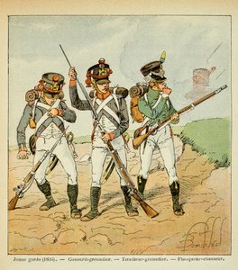 Illustration af Bombled Louis (1862-1927) fra bogen "The Memorial of Saint Helene" af grev Emmanuel de Las Cases (1766-1842): Den unge garde fra 1806: værnepligtig grenadier; skyttegrenadier og flankerende jæger, Private Collection af Louis Charles Bombled