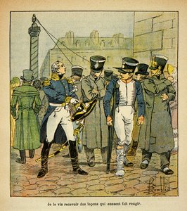 Illustration af Bombled Louis (1862-1927) fra bogen "The Memorial of Saint Helene" af Grev Emmanuel de Las Cases (1766-1842): En tidligere officer fra Napoleon, under restaurering, opfordrer tidligere værnepligtige til at afvise det kejserlige regime, Delv af Louis Charles Bombled