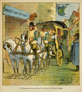 Illustration af Bombled Louis (1862-1927) fra bogen "The Memorial of Saint Helene" af Grev Emmanuel de Las Cases (1766-1842): Kejser Napoleon kører i bilen for at møde sin kone Marie Louise i 1810, Privatsamling af Louis Charles Bombled