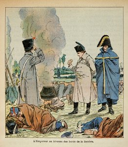 Illustration af Bombled Louis (1862-1927) fra bogen "The Memorial of Saint Helene" af Grev Emmanuel de Las Cases (1766-1842): Napoleon under en bivuak spiser soldaternes brød, Privatsamling af Louis Charles Bombled