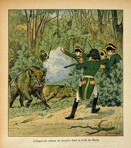 Illustration af Bombled Louis (1862-1927) fra bogen "The Memorial of Saint Helene" af grev Emmanuel de Las Cases (1766-1842): Kejser Napoleon jager vildsvin i skoven ved Marly, Private Collection af Louis Charles Bombled