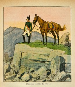 Illustration af Bombled Louis (1862-1927) fra bogen "The Memorial of Saint Helene" af Grev Emmanuel de Las Cases (1766-1842): Kejser Napoleon midt i ruinerne, Privatsamling af Louis Charles Bombled