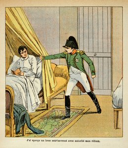 Illustration af Bombled Louis (1862-1927) fra bogen "The Memorial of Saint Helene" af Grev Emmanuel de Las Cases (1766-1842): Napoleon vækker Las Cases i sengen på St. Helene, Privat Samling af Louis Charles Bombled