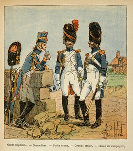 Illustration af Bombled Louis (1862-1927) fra bogen "The Memorial of Saint Helene" af Grev Emmanuel de Las Cases (1766-1842): Kejsergardens grenaderer: Lille outfit; stort outfit og country outfit, Privat samling af Louis Charles Bombled
