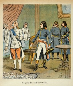 Illustration af Bombled Louis (1862-1927) fra bogen "The Memorial of St. Helene" af Grev Emmanuel de Las Cases (1766-1842): Interview mellem Bonaparte og grev Louis Cobenzl, Østrigs kansler under handelen med Campo Formio, Privat samling af Louis Charles Bombled