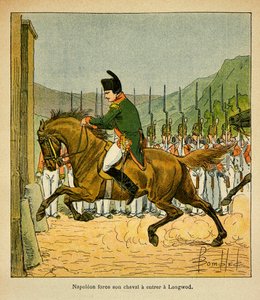 Illustration af Bombled Louis (1862-1927) fra bogen "The Memorial of St. Helene" af Grev Emmanuel de Las Cases (1766-1842): Kejser Napoleon tvinger sin hest til at gå ind i Longwood ved St. Helene, Privat Samling