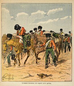 Illustration af Bombled Louis (1862-1927) fra bogen "The Memorial of St. Helene" af Grev Emmanuel de Las Cases (1766-1842): Den kejserlige hær krydser med besvær de russiske sletter før Moskva, Privatsamling af Louis Charles Bombled