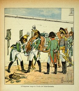 Illustration af Bombled Louis (1862-1927) fra bogen "The memorial se Sainte Helene" af grev Emmanuel de Las Cases (1766-1842): Kejser Napoleon inspicerer Saint Germains skole, privatsamling af Louis Charles Bombled