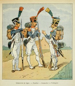 Illustration af den bombede Louis (1862-1927) fra bogen "The Memorial of Saint Helene" af grev Emmanuel de Las Cases (1766-1842): Armee Francaise: Linjeinfanteri: fusilier, grenadier og voltiger, Privat samling af Louis Charles Bombled