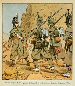 Illustration af den bombede Louis (1862-1927) fra bogen "The Memorial of Saint Helene" af grev Emmanuel de Las Cases (1766-1842): Engelske soldater fra 1. Garderegiment i en vejstand (Spanien 1814), privat samling af Louis Charles Bombled
