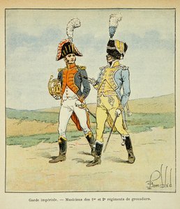 Illustration af den bombede Louis (1862-1927) fra bogen "The Memorial of Saint Helene" af grev Emmanuel de Las Cases (1766-1842): Imperial Guard: Musicians of the 1st and 2nd regiment of grenadiers, Private Collection af Louis Charles Bombled