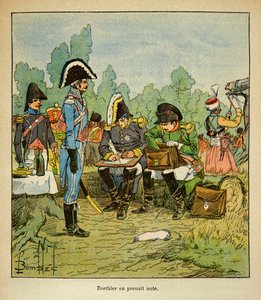 Illustration af den bombede Louis (1862-1927) fra bogen "The Memorial of Saint Helene" af grev Emmanuel de Las Cases (1766-1842): Marechal Louis Alexandre Berthier (1753-1815) noterer ordrerne fra Napoleon, Collection Partial af Louis Charles Bombled