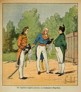 Illustration af den bombede Louis (1862-1927) fra bogen "The Memorial of Saint Helene" af grev Emmanuel de Las Cases (1766-1842): Til St. Helene, en engelsk kaptajn præsenterer for kejser Napoleon en løjtnant, privat samling af Louis Charles Bombled