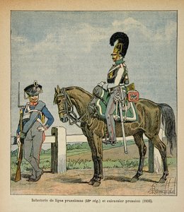 Illustration af den bombede Louis (1862-1927) fra bogen "The Memorial of Saint Helene" af grev Emmanuel de Las Cases (1766-1842): Infanteri af den preussiske linje (42, eme regiment) og preussiske slagskibe af Louis Charles Bombled