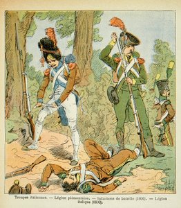 Illustration af Bombled Louis (1862-1927) fra bogen "The Memorial of Saint Helene" af grev Emmanuel de Las Cases (1766-1842): Italienske tropper, Piemontaise-legionen: Battle Infantry (1806, Italic Legion (1800), Private Collection) af Louis Charles Bombled