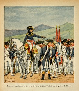 Illustration af den bombede Louis (1862-1927) fra bogen "The Memorial of Saint Helene" af grev Emmanuel de Las Cases (1766-1842): Bonaparte irettesætter det 85. og 39. Vaubois-regiment på Rivolis plateau, privat samling af Louis Charles Bombled