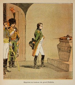 Illustration af den bombede Louis (1862-1927) fra bogen "The Memorial of St. Helene" af Grev Emmanuel de Las Cases (1766-1842): Napoleon mediterer på Frederik II af Preussens kiste i krypten i GarnisonKirche i Potsdam i 1806, Private Collecti af Louis Charles Bombled