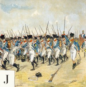 Bogstav J: Ung vagt, "Je serai soldat" (Jeg vil være soldat) - Militært alfabet af Louis Charles Bombled