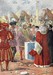 Posering af kongen af Frankrig Francois I af den første sten på Hotel de Ville de paris tegnet af den italienske arkitekt Boccador af Louis Charles Bombled