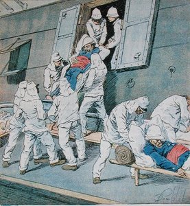 Soldater, der blev syge under Madagaskar-kampagnen ved at gå i land i Algier fra skibet Shamrock, ca. 1897 (farve litho) af Louis Charles Bombled