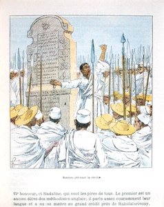 Troldmænd, der prædiker oprør mod Frankrig efter den franske besættelse af Madagaskar i 1895, illustration fra 