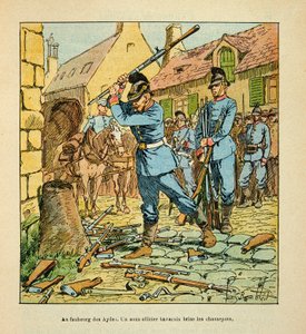 Armee de la Loire af Eugene Sergent, kendt som Grenest, illustreret af Louis Bombled (1862-1927) (den fransk-tyske krig; kampagne 1870-1871): Efter erobringen af byen Orleans i oktober 1870, en bayersk underofficer knækkede jægerne. (rifler tilbage af Louis Charles Bombled