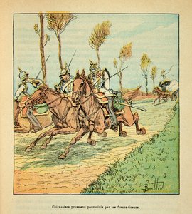 The Armee of the Loire af Eugene Sergent, kendt som Grenest, illustreret af Louis Bombled (1862-1927) (fransk-tyske krig; kampagne 1870 -1871): Preussiske kurassister forfulgt af freicisterne i oktober 1870, privat samling af Louis Charles Bombled