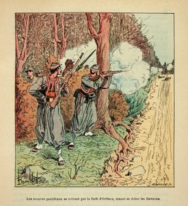 The Armee of the Loire af Eugene Sergent, kendt som Grenest, illustreret af Louis Bombled (1862-1927) (fransk-tyske krig; kampagne 1870-1871): Krigen i Orleans, de pavelige zouave trak sig tilbage gennem skoven i Orleans med Bayern i skak på af Louis Charles Bombled