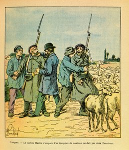 The Eastern Armee of Eugene Sergeant, dit Grenest, illustreret af Louis Bombled (1862-1927) (fransk-tyske krig; kampagne 1870 -1871): Martin-mobilen, forklædt som en bonde, beslaglagde en flok får ledet af to preussere til Langres i November 1870, Priv af Louis Charles Bombled