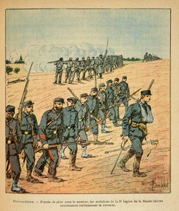 The Eastern Armee of Eugene Sergeant, kendt som Grenest, illustreret af Louis Bombled (1862-1927) (fransk-tyske krig; kampagne 1870 -1871): I Provencheres blev mobiliseringerne af den 2. legion i Upper Marne tvunget til at trække sig tilbage under antallet af Louis Charles Bombled