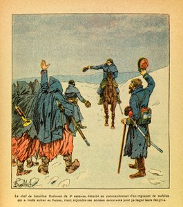 The Eastern Armee of Eugene Sergeant, kendt som Grenest, illustreret af Louis Bombled (1862-1927) (fransk-tyske krig; kampagne 1870 -1871): Lederen af Barberet-bataljonerne i 4. Zouaves, løsrive sig for at lede et regiment af mobil som ville af Louis Charles Bombled
