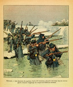 The Eastern Armee of Eugene Sergeant, kendt som Grenest, illustreret af Louis Bombled (1862-1927) (fransk-tyske krig; kampagne 1870 -1871): Januar 1871, Hericourt, kaptajn Sardas jægere dykker halvkrop i isen Lisaine, hold i lang tid fjende af Louis Charles Bombled