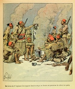 The Eastern Armee of Eugene Sergeant, kendt som Grenest, illustreret af Louis Bombled (1862-1927) (den fransk-tyske krig; kampagne 1870 -1871): Januar 1871, 1. regiments turcos bivuaenter i sneen, i bluser og bukser af kanvas og bare fee af Louis Charles Bombled