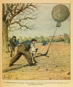 The Eastern Armee of Eugene Sergeant, kendt som Grenest, illustreret af Louis Bombled (1862-1927) (fransk-tyske krig; kampagne 1870 -1871): Battle of Nights Saint Georges; bønder forsøger at holde en observationsballon, privat samling af Louis Charles Bombled