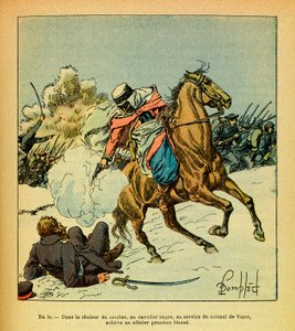 The Eastern Armee of Eugene Sergeant, kendt som Grenest, illustreret af Louis Bombled (1862-1927) (fransk-tyske krig; kampagne 1870 -1871): Januar 1871 fuldender en sort rytter i oberst De Vezets tjeneste en preussisk officer såret, Samling Pa af Louis Charles Bombled