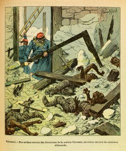 The Eastern Armee of Eugene Sergeant, kendt som Grenest, illustreret af Louis Bombled (1862-1927) (fransk-tyske krig; kampagne 1870 -1871): Januar 1871, slaget ved Villersexel, franske soldater fjerner fra et hus resterne af tyske soldater, menig C af Louis Charles Bombled