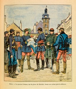 The Eastern Armee of Eugene Sergeant, kendt som Grenest, illustreret af Louis Bombled (1862-1927) (fransk-tyske krig; kampagne 1870 -1871): Slaget ved Nuits Saint Georges; General Cremer på Marche-pladsen giver sine ordrer til forsvar, december 1870, Pr af Louis Charles Bombled