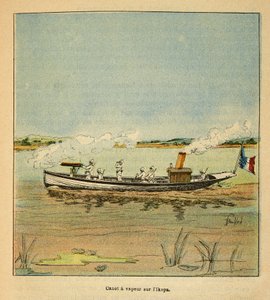 The War in Madagascar-Anekdotisk historie om de franske ekspeditioner i 1885-1895 af Henri Galli dit Galllichet (1854-1922), illustreret af Louis Bombled (1862-1927): Fransk Canonniere på Ikopa-floden i Madagaskar i 1895, privat samling af Louis Charles Bombled
