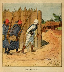 The War in Madagascar-Anekdotisk historie om de franske ekspeditioner i 1885-1895 af Henri Galli dit Galllichet (1854-1922), illustreret af Louis Bombled (1862-1927): Franske tropper gik ind i landsbyen Mevatanana i 1895, privat samling af Louis Charles Bombled