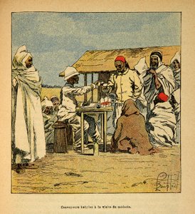 The War in Madagascar-Anecdotal History of the French Expeditions of 1885-1895 af Henri Galli dit Galllichet (1854-1922), illustreret af Louis Bombled (1862-1927): Convoyeurs Kabiles et besøg af en militærlæge, privat samling af Louis Charles Bombled