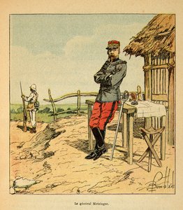 The War in Madagascar-Anekdotisk historie om de franske ekspeditioner 1885-1895 af Henri Galli dit Galllichet (1854-1922), illustreret af Louis Bombled (1862-1927): Portræt af general Metzinger i Madagaskar i 1895, privat samling af Louis Charles Bombled