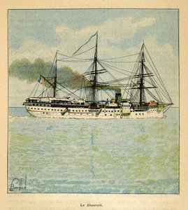 The War in Madagascar-Anecdotal History of the French Expeditions of 1885-1895 af Henri Galli dit Galllichet (1854-1922), illustreret af Louis Bombled (1862-1927): Hospitalsskibet "Shamrock" på vej til Madagaskar, privat samling af Louis Charles Bombled
