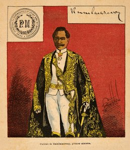 The War in Madagascar-Anekdotisk historie om de franske ekspeditioner 1885-1895 af Henri Galli dit Galllichet (1854-1922), illustreret af Louis Bombled (1862-1927): Portræt af premierminister Rainilaiarivony (1828-1896), privat samling af Louis Charles Bombled